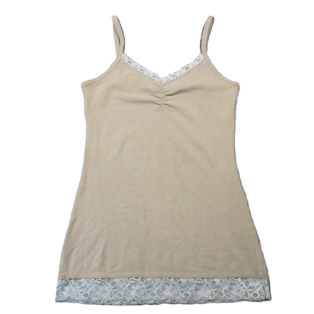 BKE Lace Trim V-Neck Cami Tank Top M Beige Cotton Strappy Vintage Coquette Y2K